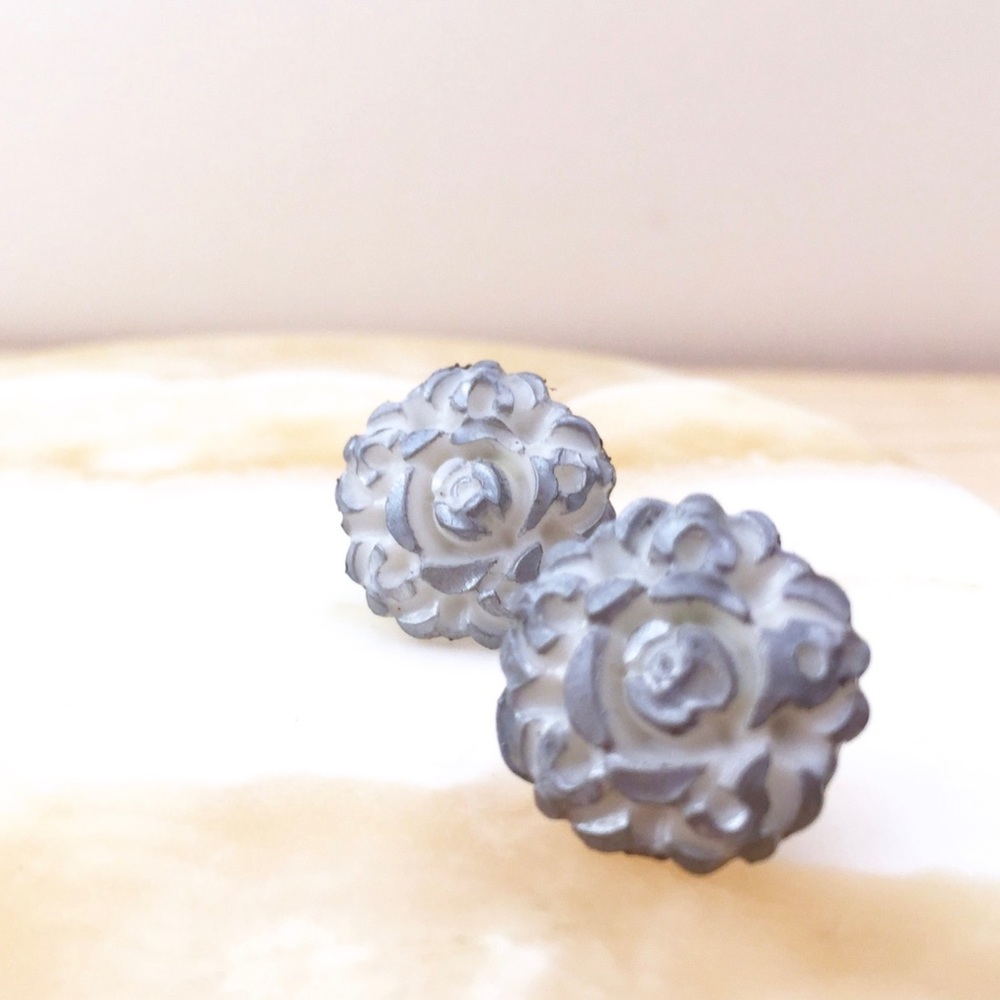 White & Silver Rose Floral Stud Earrings Acrylic